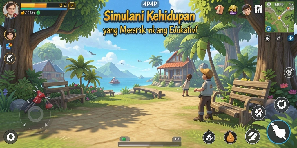 Screenshot gameplay 4P4P menunjukkan interaksi karakter dalam simulasi kehidupan.