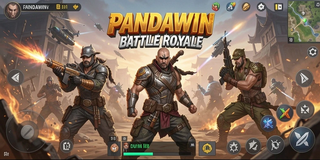 Screenshot gameplay PANDAWIN yang menampilkan pertempuran seru di arena Battle Royale.