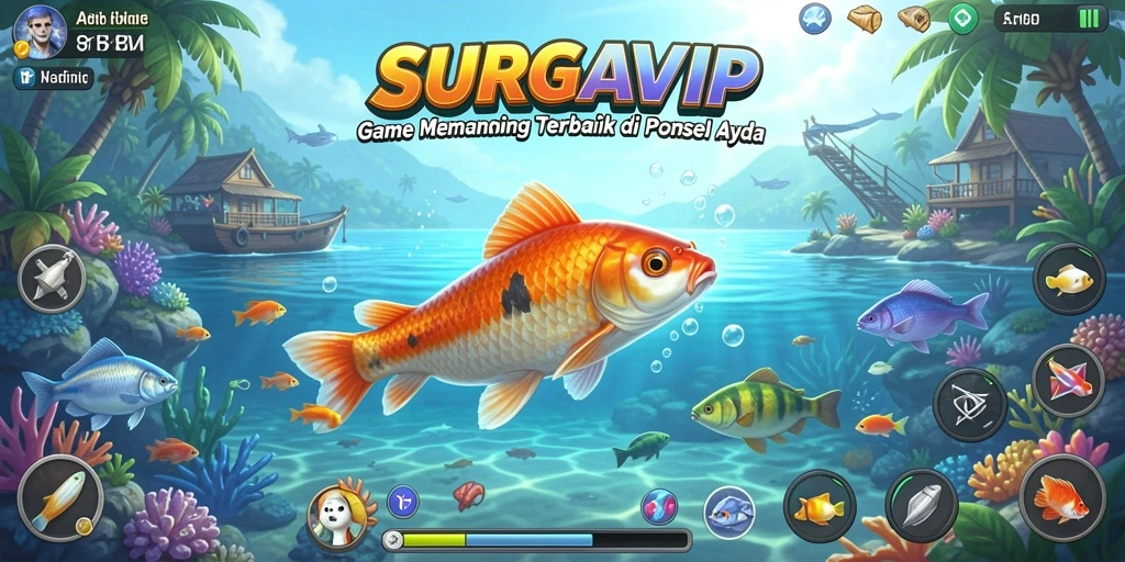 Tampilan gameplay SURGAVIP yang menakjubkan dengan berbagai jenis ikan yang dapat ditangkap.